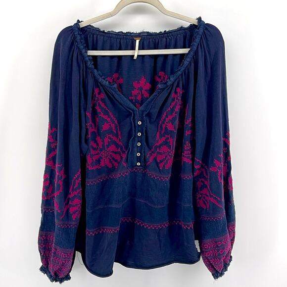 Free People Persuasian cross-stitch V neck blouson sleeve boho peasant blouse - Picture 1 of 7